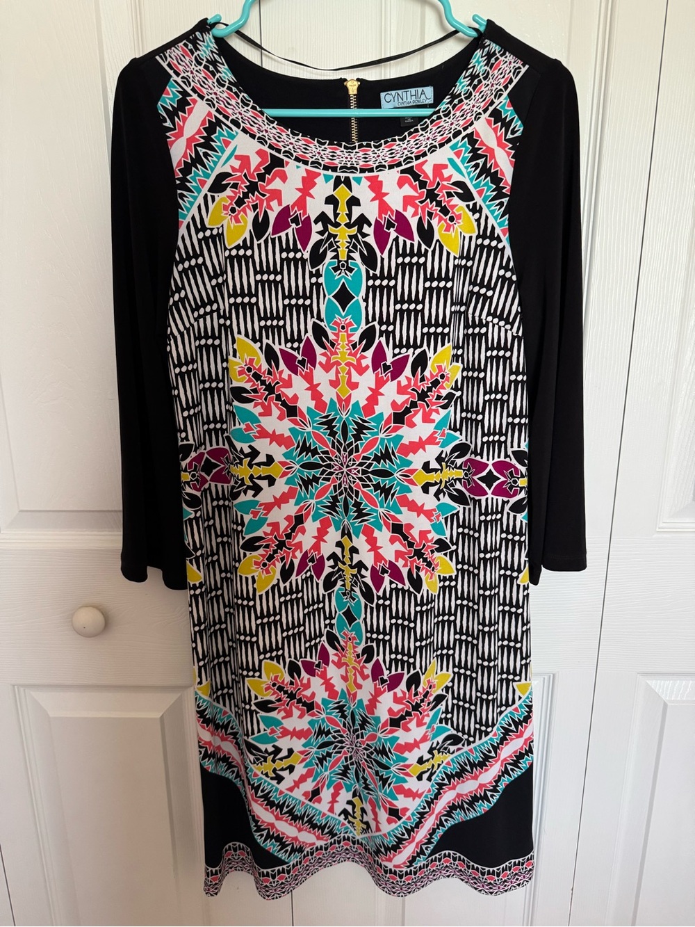 Cynthia Rowley Black dress with Teal Pink Yellow Geometric Print - size small
